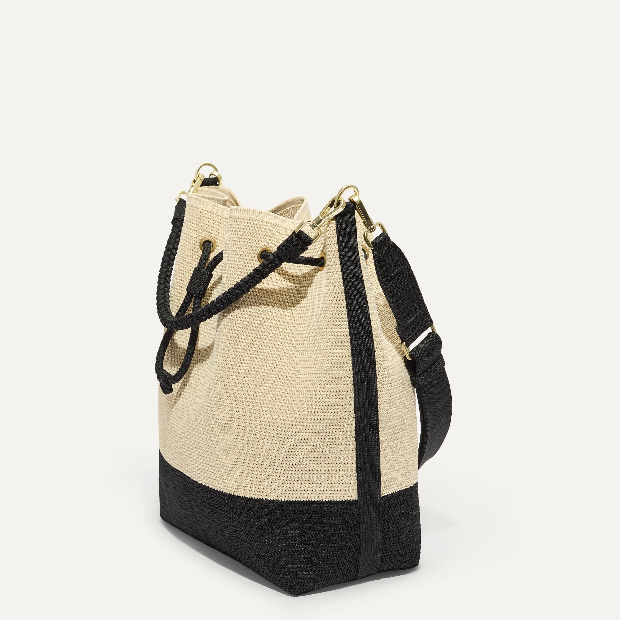 The Cinch Bucket Bag - Black and White Raffia-Knit